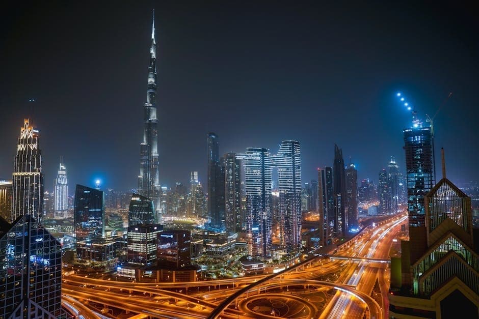 Dubai skyline at night — metropolitan luxury market.